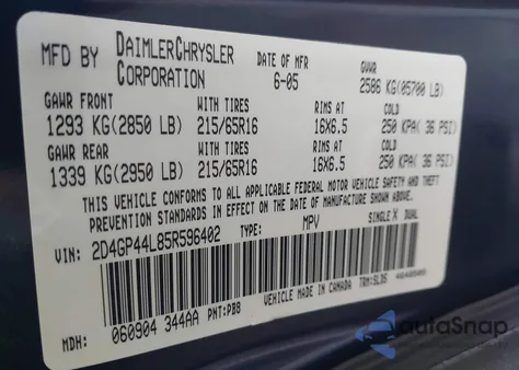 2005 Dodge Grand Caravan Sxt z USA, uszkodzony, nr VIN 2D4GP44L85R596402